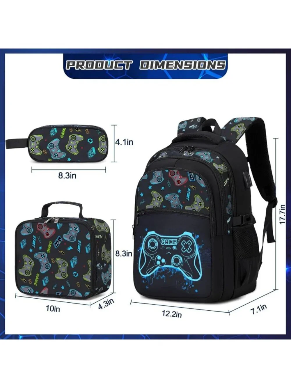 Luminous Gamer Boys Backpack with Lunch Box for School, Stylish & Functional